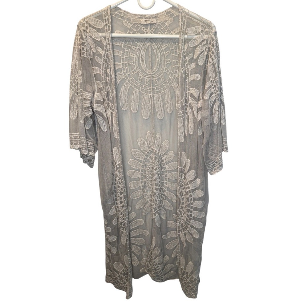 Rebellion Womens Gray Kimono Embroidered Mesh Sheer Longline Open Cardigan M